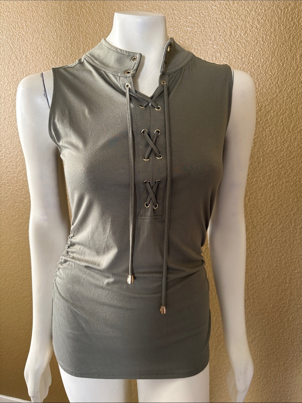 Vince Camuto Olive Lace-Up Mock Neck Sleeveless Tank